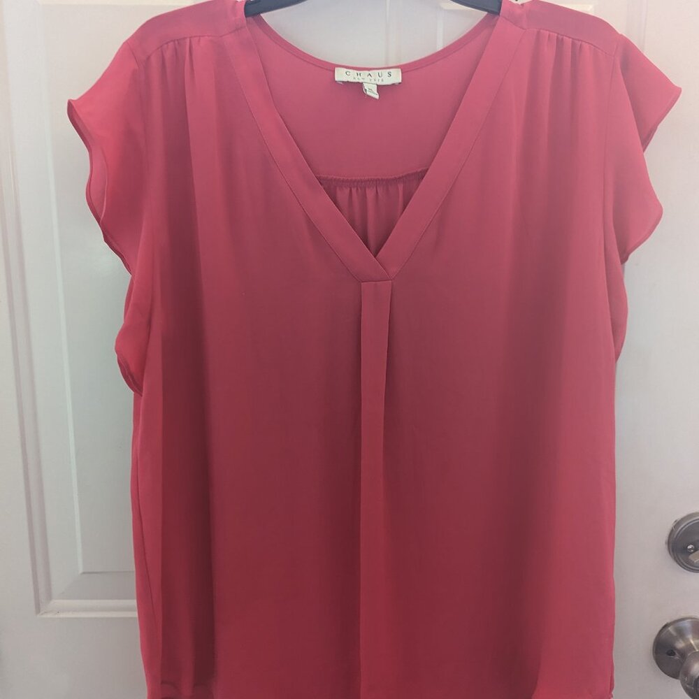 CHAUS flowy cap sleeve v-neck flowy pink blouse sz XL